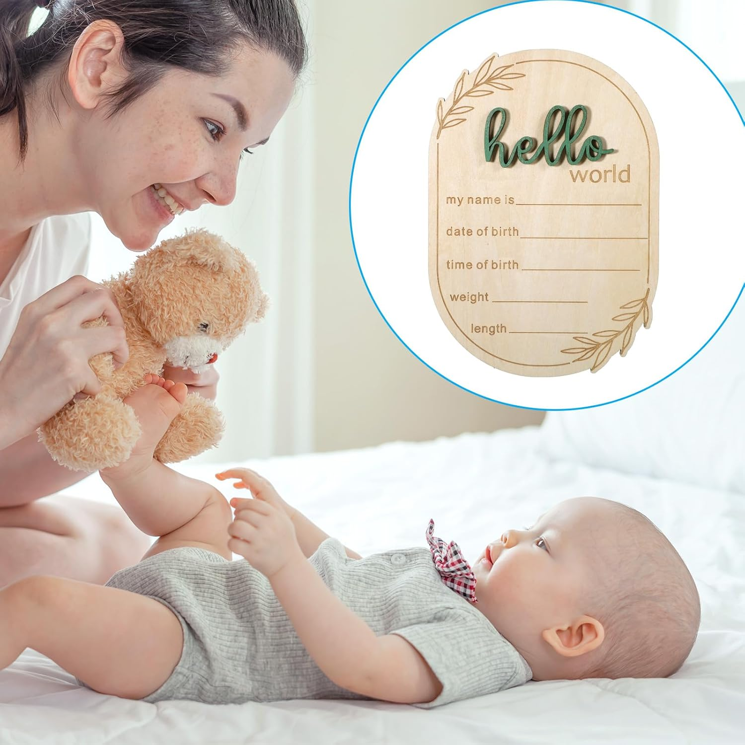 Baby Announcement Sign, 5.9 Inch Wooden Hello World Newborn Signs Birth Baby Name Plaques Birth Announcement Sign for Newborn Boys and Girls Photo Prop Ba-By Shower Hospital Nursery Gift image number 4