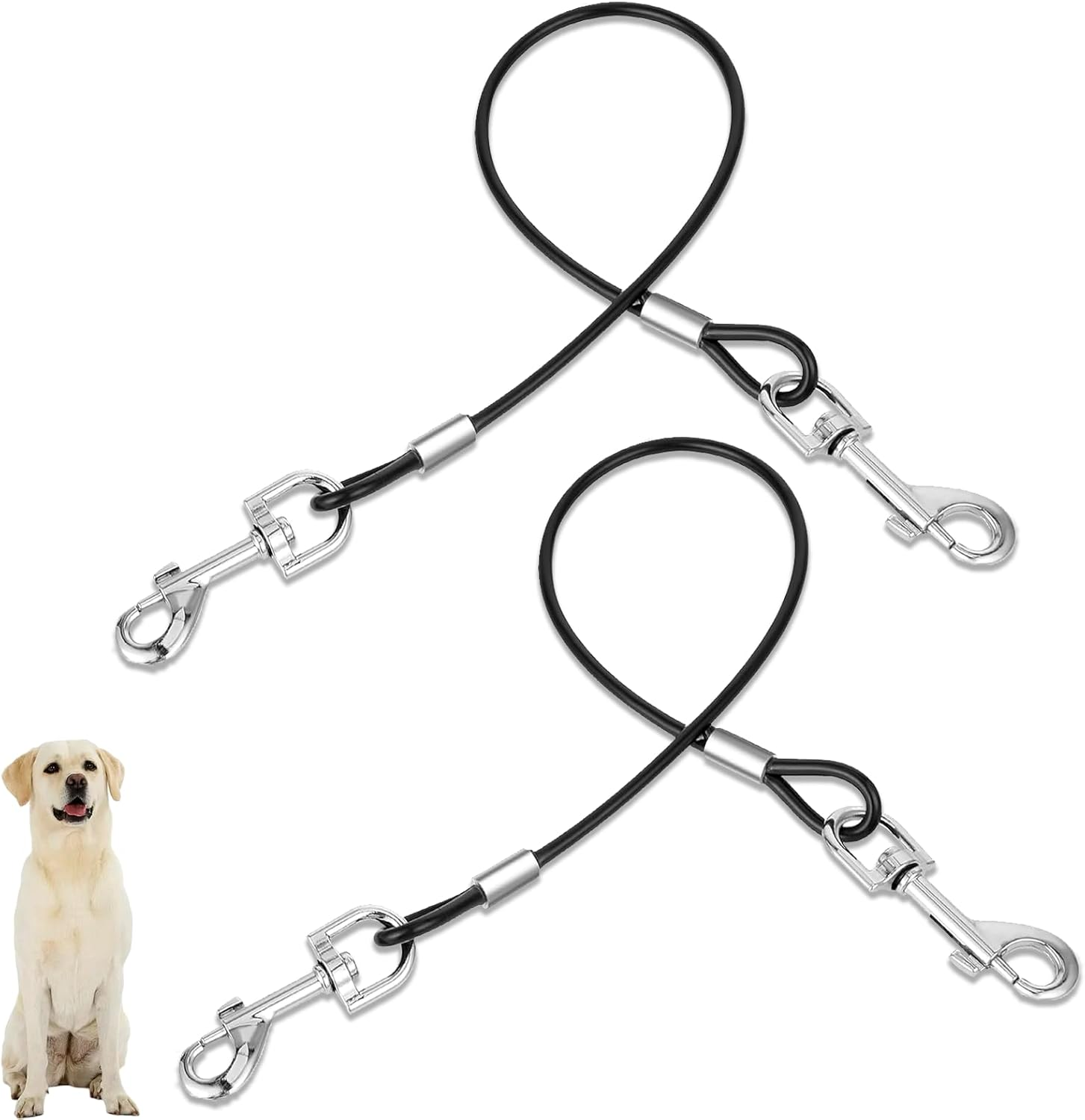 Black Tie Out Cable Leads, 2 Pack Chew Proof Dog Leash Extension Rope Non-Tangle Connect Training Tether for Yard, Outdoor and Camping