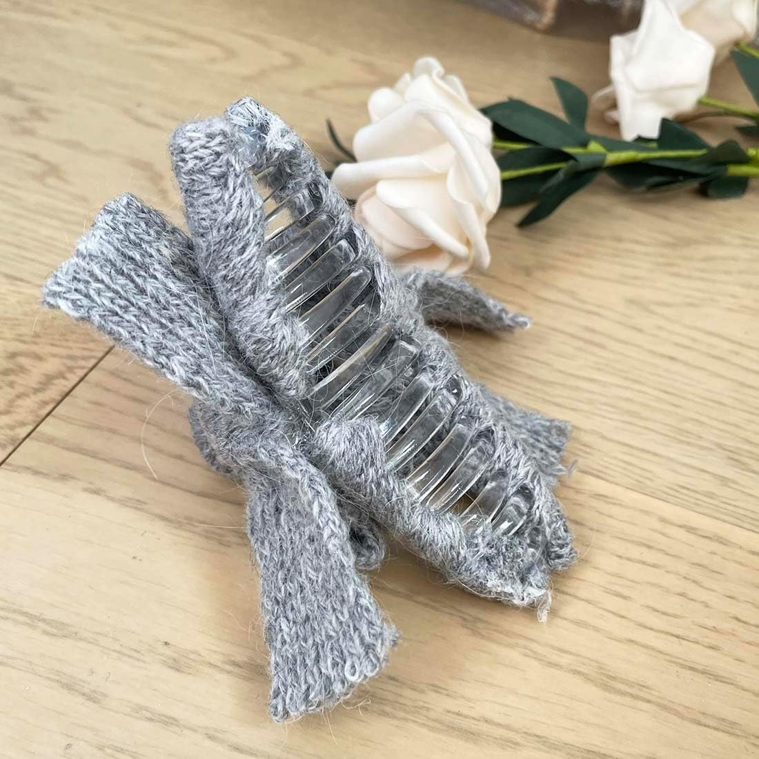 Resweky Hair Barrettes Bowknot Winter Wool Yarn Hair Clips Cute Hair Clips for Women Girls Gray image number 2