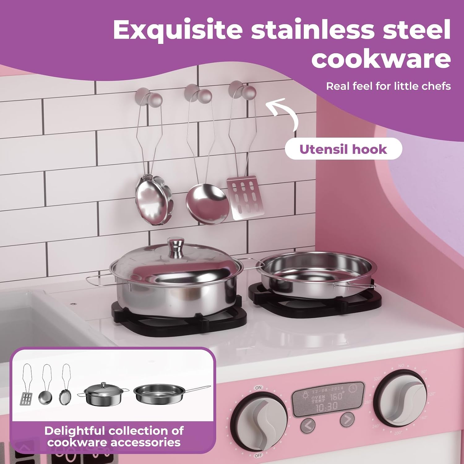 Bopeep Kids Kitchen Playset, Wooden Pretend Play Kitchen, Sink, Faucet, Stove, Microwave, Oven, Utensils, Ice Maker, Dishwasher, Towel Rack & Sweet Accessories, for Boys Girls Aged 3+, Pink image number 6