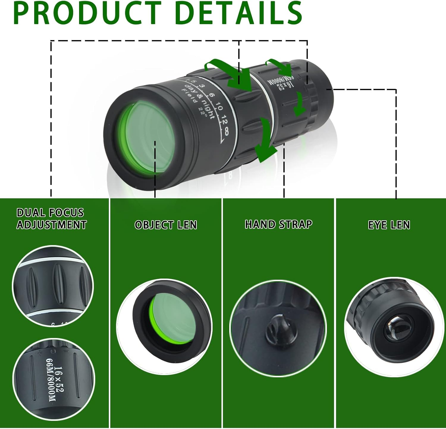 16X52 Monocular Telescope, High Power Prism Compact Monoculars for Adults Kids HD Monocular Scope for Bird Watching Camping Hiking Concert Travelling image number 3