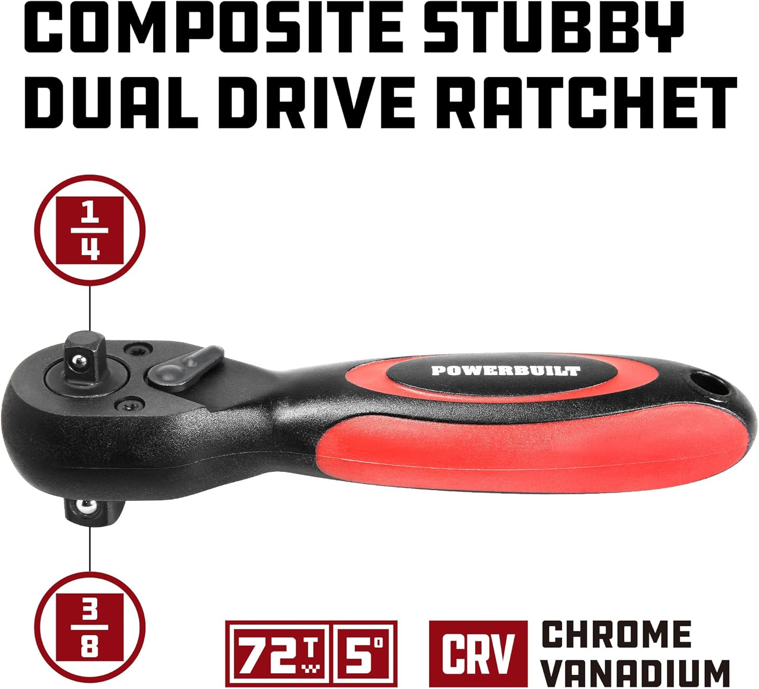Powerbuilt Stubby Ratchet 3/8 Inch and 1/2 Inch Drive, Reversible Socket Wrench, 72 Tooth, Offset Comfort Handle - 940481