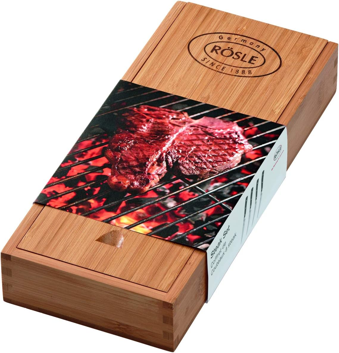 R&Ouml;SLE Steak Knife Set of 4, High-Quality Steak Knife with Sharp-Ground Blade Made of Special Steel Blade, POM, Includes Practical Wooden Box, Black, 4 X 25.2 X 11 Cm, 4 Pieces (Pack of 1) image number 3