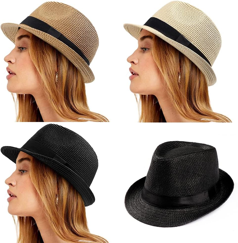 BIGTEDDY Unisex Hat Men Women for Fedora Trilby Wide Brim Straw Cap Beach Sun Gentleman Black image number 6