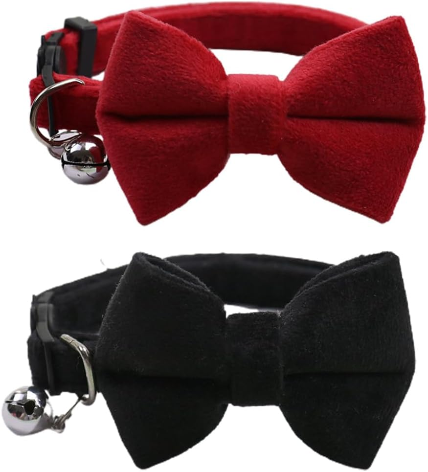 LEEQ Velvet Cat Collar with Bell and Bow Tie, with Safety Clasp, Adjustable, for Small Puppies, Safety Bow Tie, Plain for Weddings, Basic Colour, Cat Bow Tie image number 2