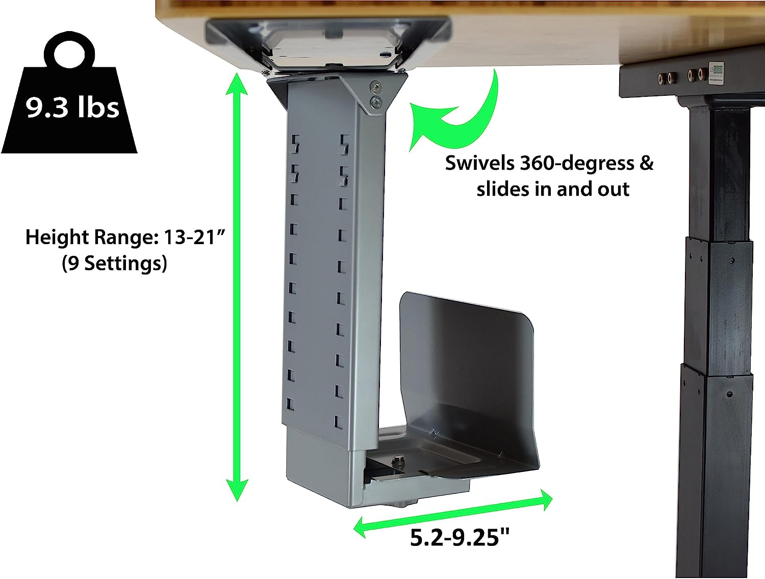 Swiveling Sliding Under-Desk Computer CPU Holder Adjustable Height Width Pc Tower Mount Swivels 360 Slides in and Out Ergonomic Office Desktop Sit Stand Standing Desk Accessories Accessory Metal image number 4