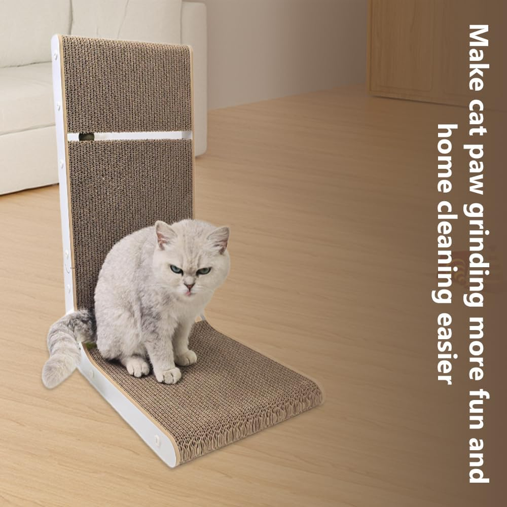 L-Shape Vertical Cat Scratching Board, 23.6" Wall-Mounted Cardboard Cat Scratcher with Catnip Ball Toys, Large Furniture Protector for Indoor Cats image number 6