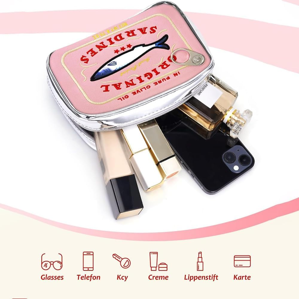 Canned Sardines Makeup Bag &ndash; Cute Kawaii Cosmetic Pouch, Funny Waterproof Travel Toiletry Bag for Women, Creative Fish Design Pencil Case Organizer (Blue) (Pink) image number 5