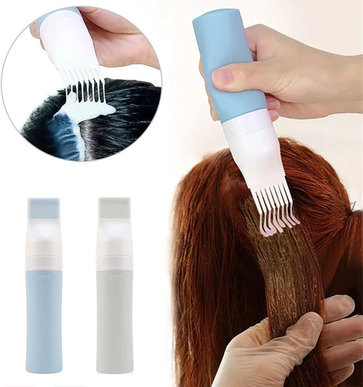 Pack of 2 Hair Oil Applicator, Applicator Bottle Hair 80 Ml Shampoo Hair Oil Applicator Bottle Hair Dye Brush Bottle Comb Root Comb Applicator Bottle for Hair Dyeing and Scalp Care, Grey and Blue image number 3