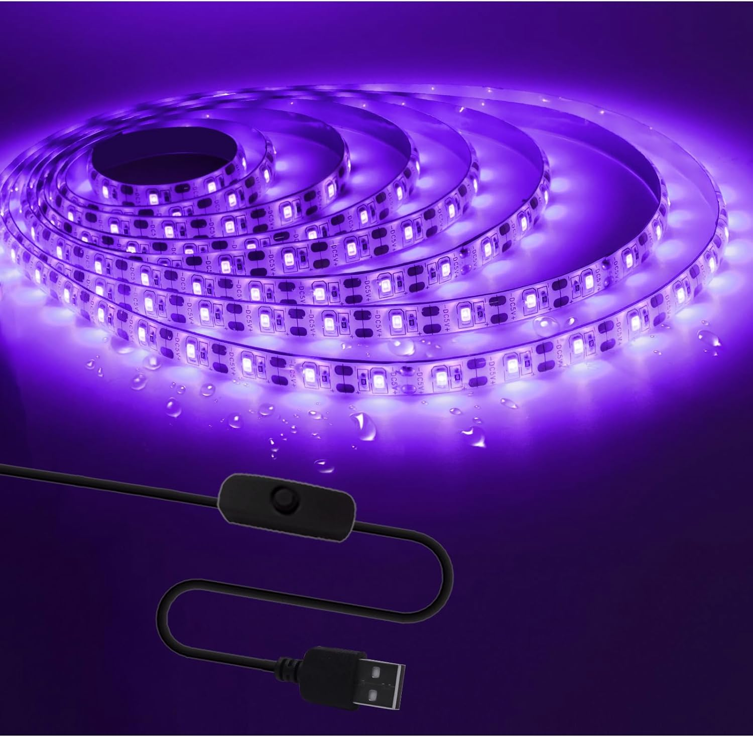 Tesfish UV LED Strip, 5V USB 3M Black Light Ribbon with Switch SMD 2835 395Nm-405Nm IP65 Waterproof Total 180 Leds Strip Light for Bar, Halloween Party, Club, Decoration