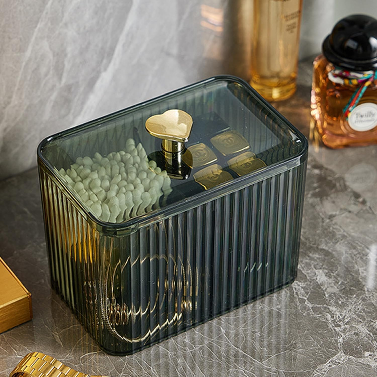 3 Grids Apothecary Jar Organizer, 1Pc 3-Section Cotton Ball Swabs Dispenser,3-Section Clear Bathroom Organizer Jar 3 Grids Cotton Swab Pad Ball Holder Container, Green image number 5