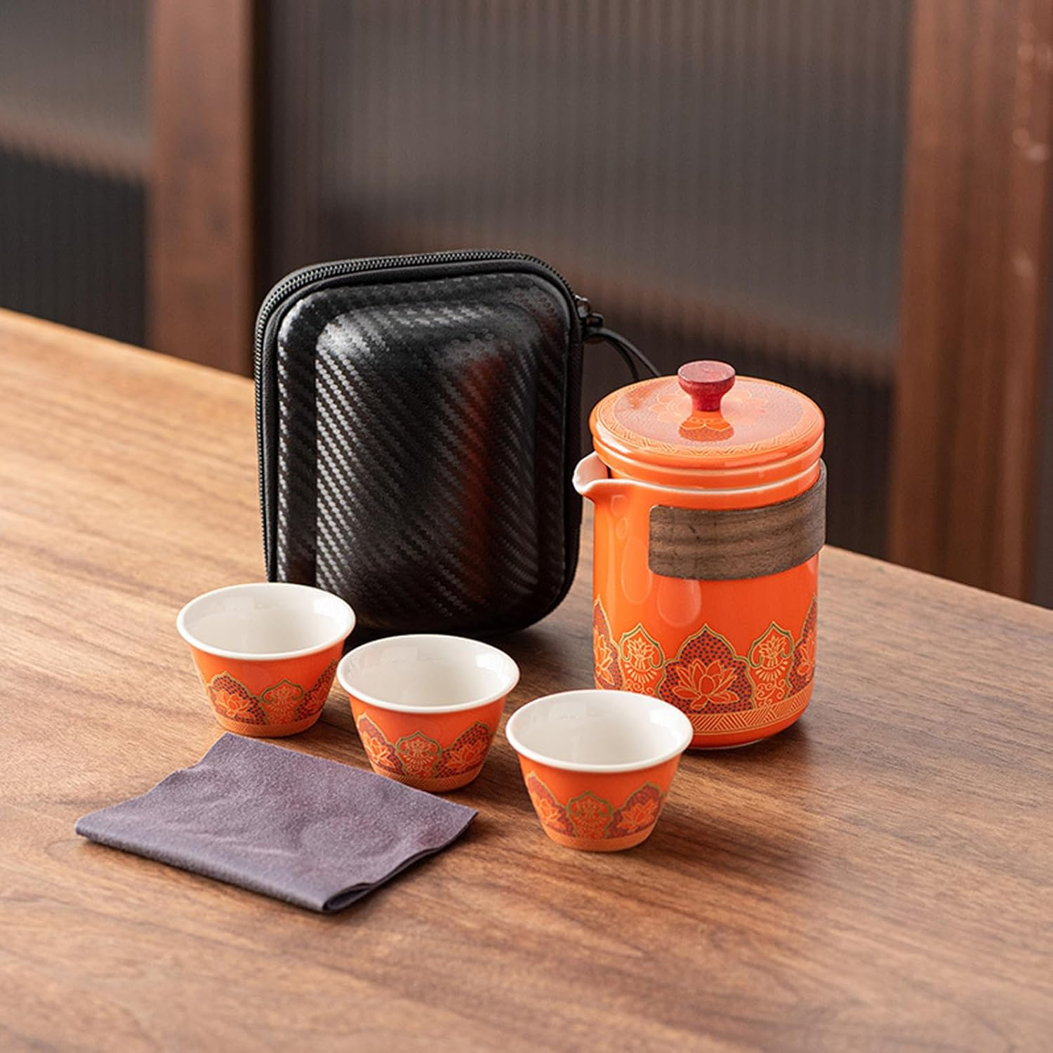 Teapot Set Chinese Travel Kung Fu Tea Set Pottery Made Elegant Asian Tea Set Portable Travel Tea Infuser Chinese Ceramic Tea Cup for Tea Lovers SH0034 (Black)