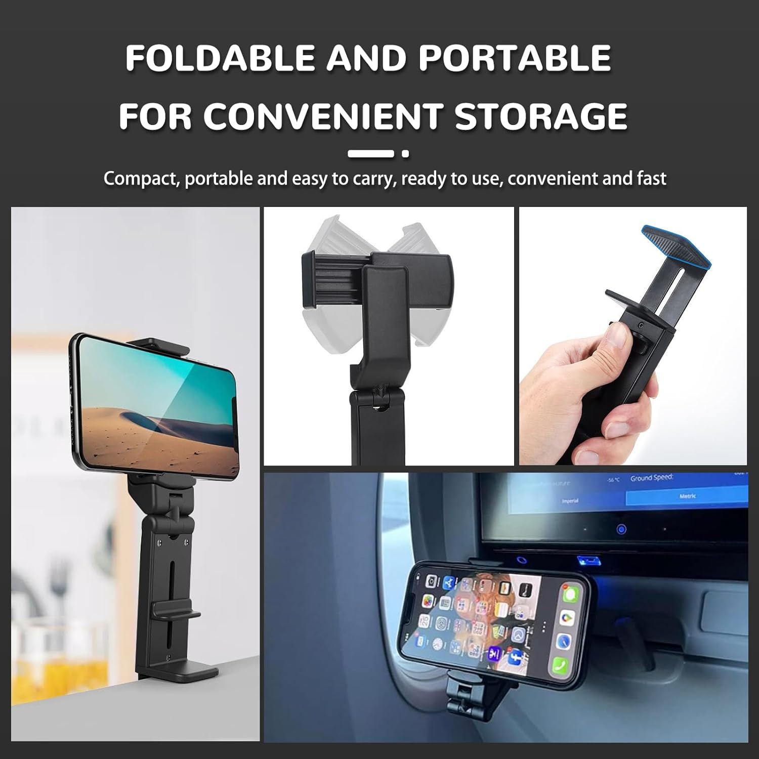 2 Pack Airplane Phone Holder for Travel,360&deg; Rotatable Flight Phone Mount Clip,Durable Compact Travel Essential for Iphone, Samsung Most Smartphones Foldable Lightweight (Black) image number 3