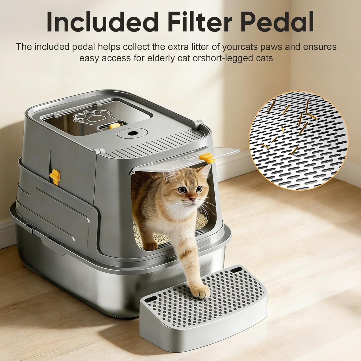 XL Large Stainless Steel Cat Litter Box with Lid &ndash; Modular Enclosed High Sided Design, Leak Proof Cat Litter Tray with Dual Entry, Includes Non-Slip Step, Easy Clean for Big Cats & Multi-Cat Homes image number 2