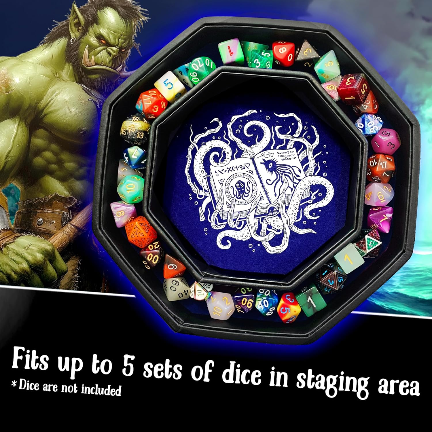 Fantasydice-Cthulhu Tome-Blue- Dice Tray - 8" Octagon with Lid and Dice Staging Area- Holds 5 Sets( 7 Dice Set/ Standard) for All Tabletop Rpgs like D&D , Call of Cthulhu, Shadowrun. image number 3