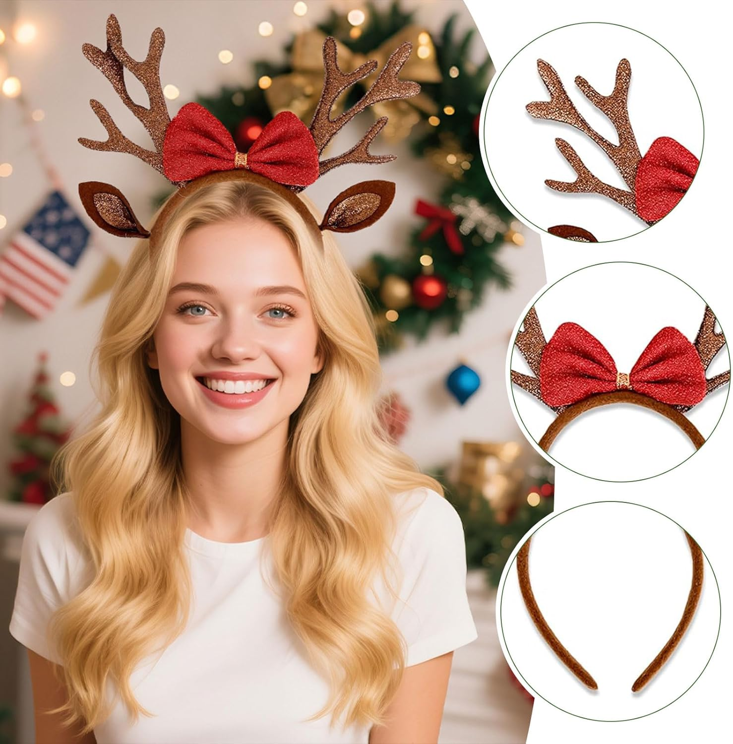 Celblisora Brown Christmas Antlers Headband,Reindeer Ears,Headbands for Women Christmas Holiday Hair Accessories for Women image number 3