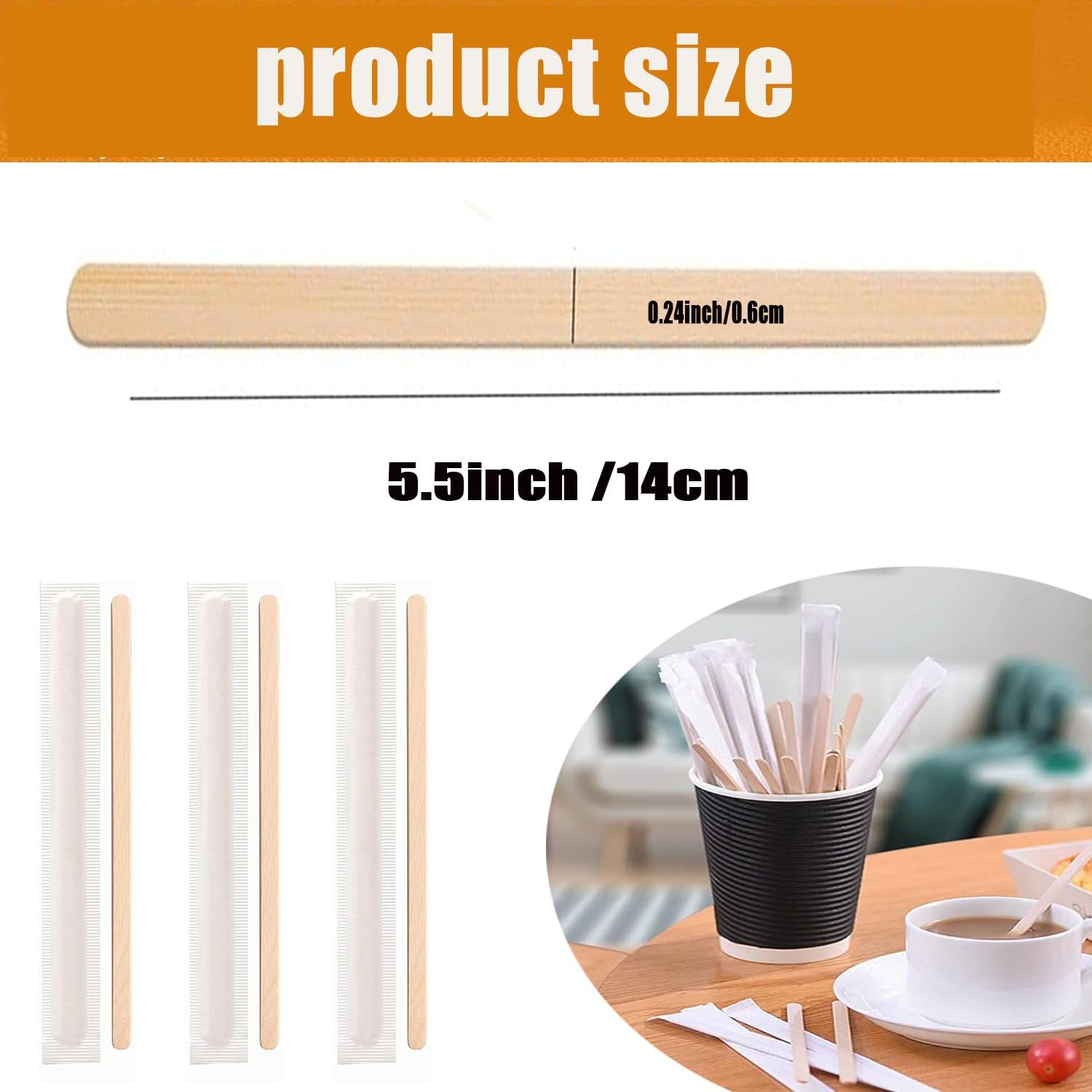 Lxcshljx 200Pcs Individually Wrapped Coffee Stirring Sticks, 5.5 Inch Disposable Bamboo Beverage Mixing Rod, round End Hot Drinks Stirrers Paddles, Stir Sticks for Cocktail Tea Coffee Honey Milk Paint image number 2