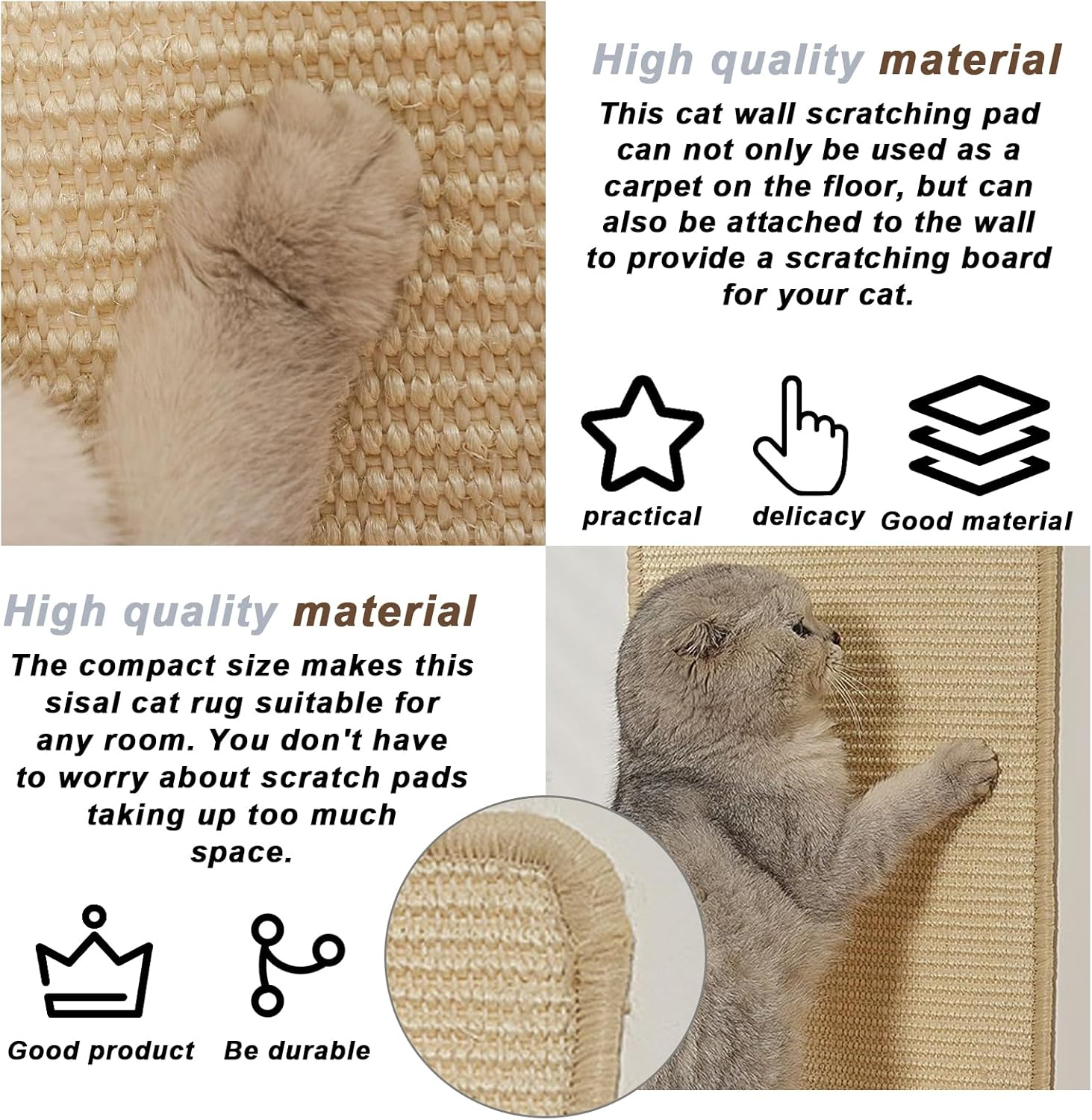 SPORWAY Pack of 2 Cat Scratching Mats: Sisal Carpet, Cat Scratch Protection Sofa, 50 X 25 Cm, Cat Scratching Boards, Durable and Easy to Clean, Sisal Carpet, Wood Colour image number 5