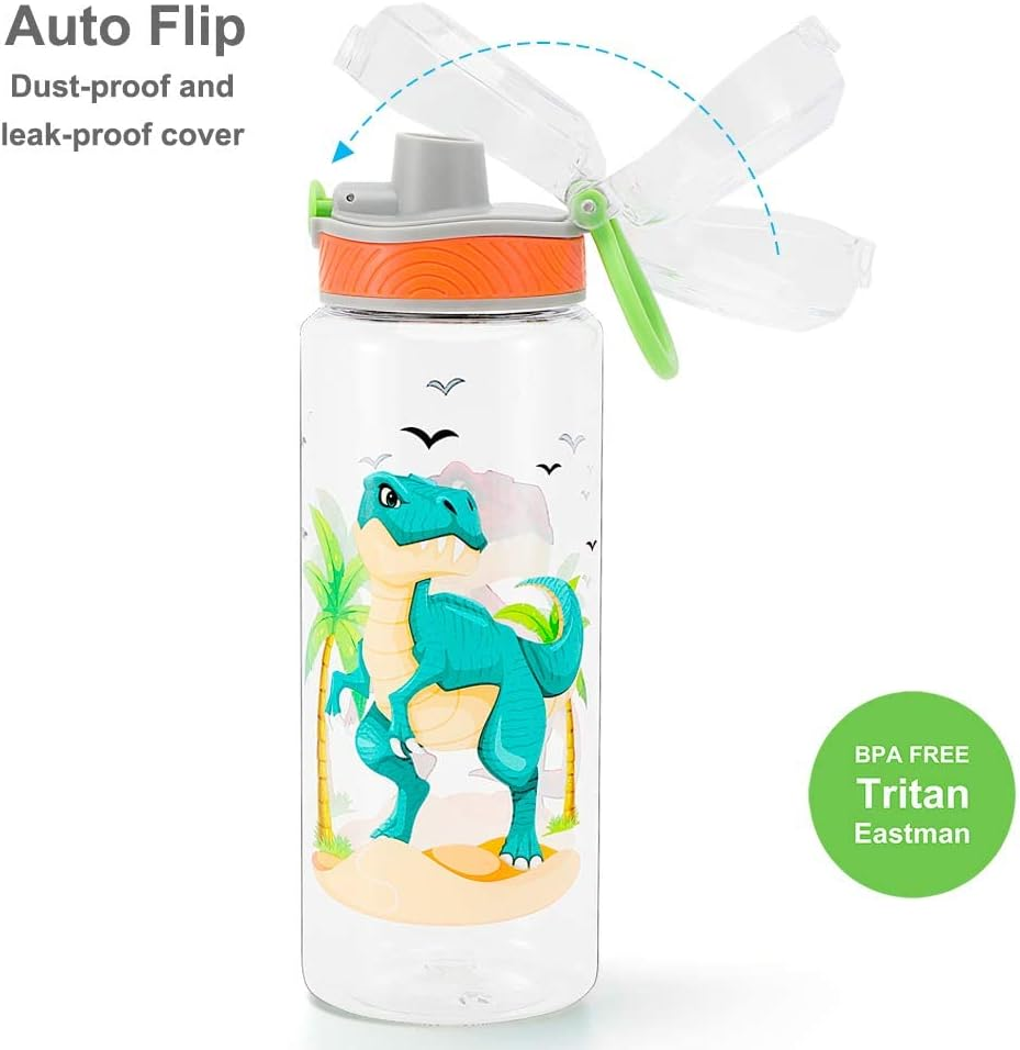 Home Tune 23Oz Kids Water Bottle for School Boys, BPA FREE Tritan, Leak Proof Flip Top Lid, Easy Clean, Carry Handle - Dinosaur - Flamingo image number 6