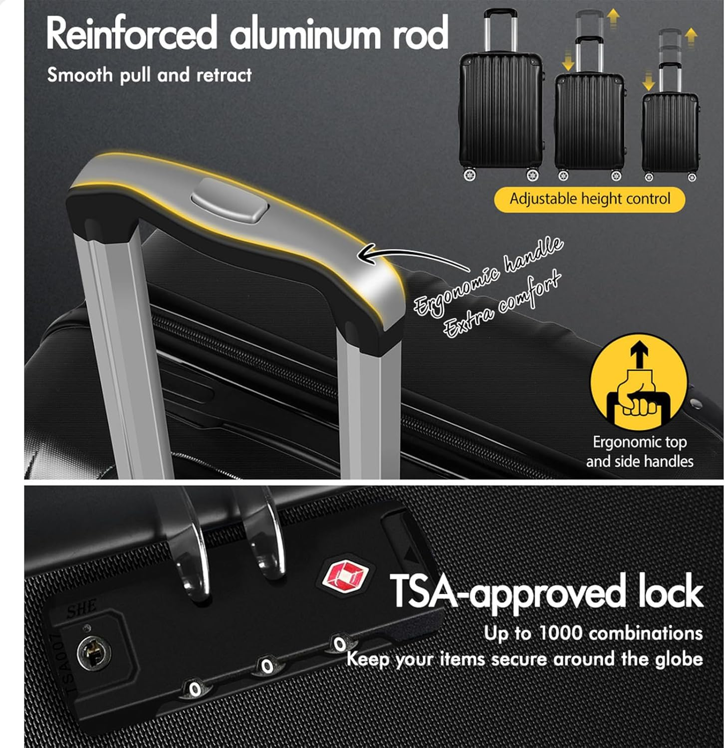 ALFORDSON 3Pcs Hardside Luggage Set 20" 24" and 28" Black Color, Hardshell Suitcases Set with Spinner Wheels, TSA Lock & Corner Protector, Carry-On & Checked Baggages Trio Pack image number 5