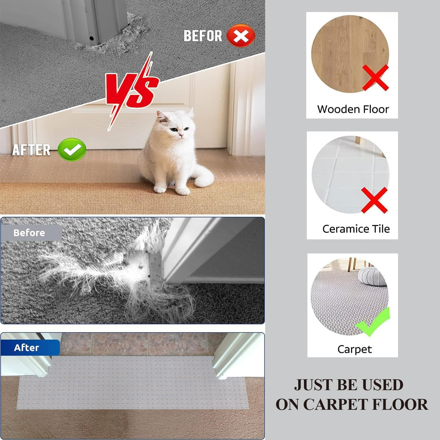 Carpet Protector for Pets, Cat Carpet Protector Mat, Non-Slip Carpet Protector for Pets DIY, Anti-Scratch Mat under Door, Clear PVC, Easy to Cut, 38X112Cm image number 2