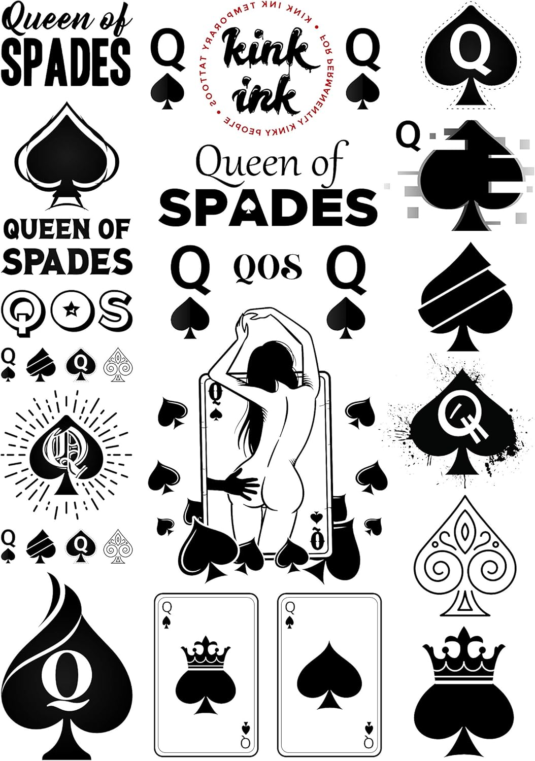 23 X Queen of Spades Temporary Tattoo Kinky Black Lettering A4 Sheet image number 3