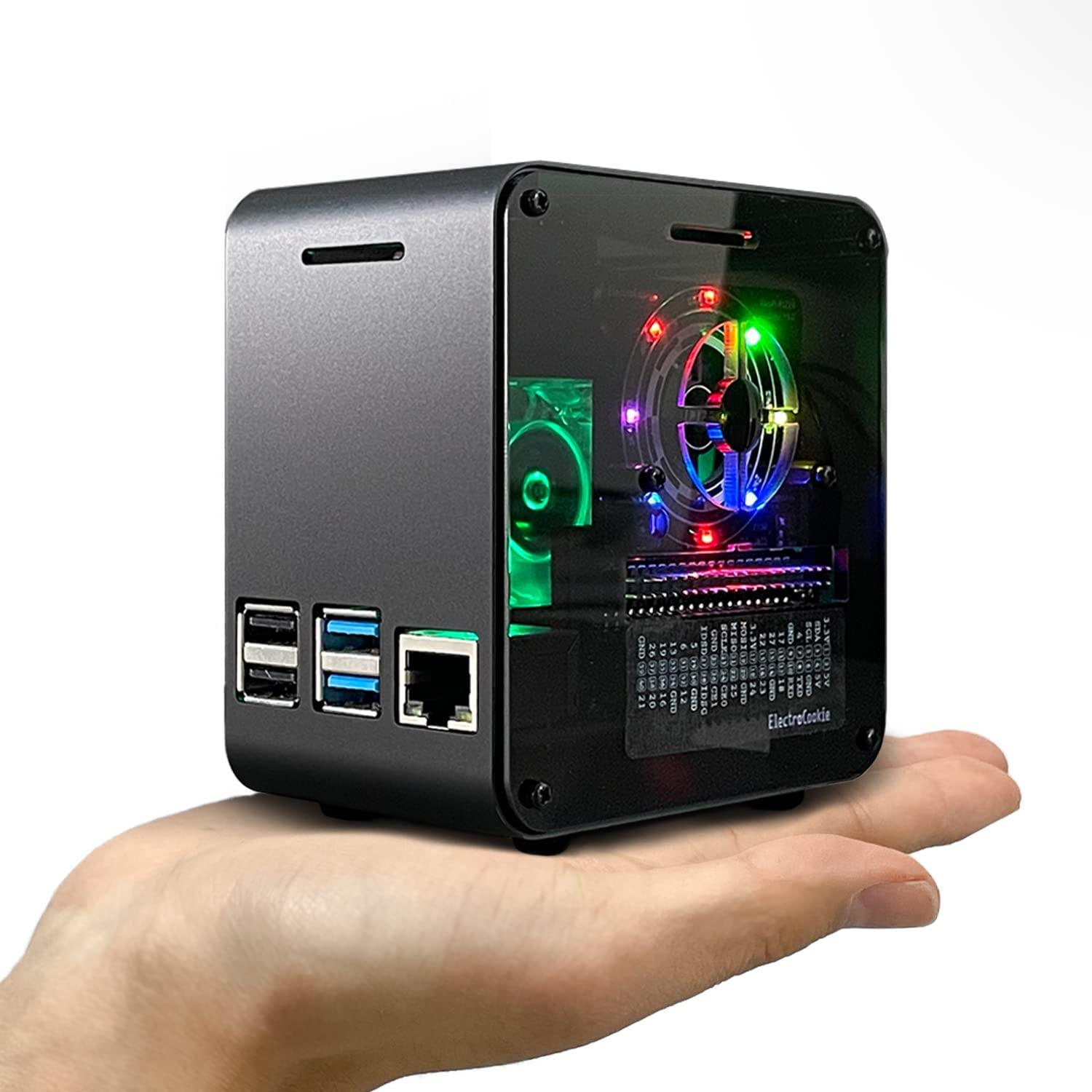 Electrocookie Raspberry Pi 4 Case, Aluminum Mini Tower Case with Cooling Fan and Color Changing Ambient Light (Black Neon)