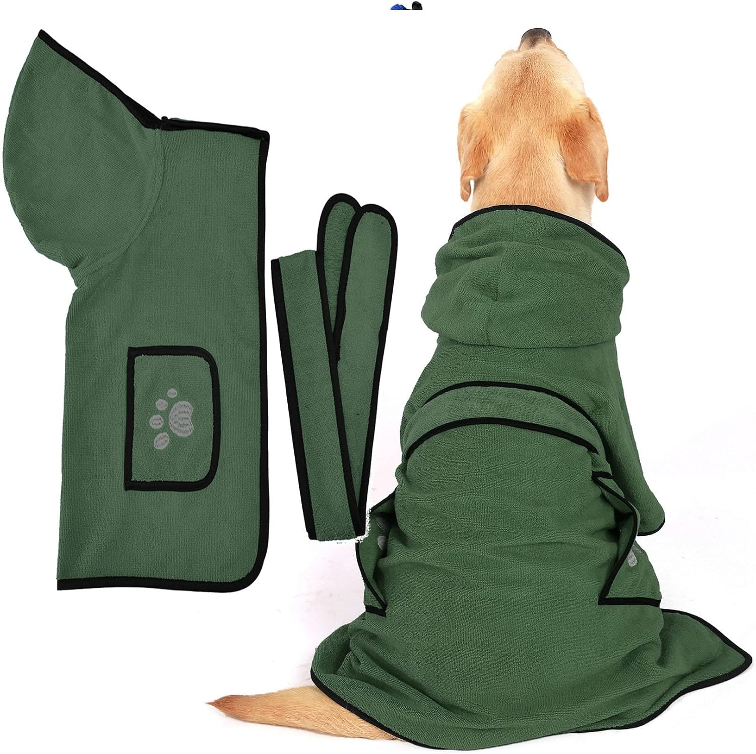 Zunea Dog Bathrobe Towel for Drying Dogs Absorbent Bath Robe Poncho with Hood Pet Hoodie Bath Towel with Adjustable Strap and Pockets for Small Medium Large Dogs Cats for Bathing Grooming Green XL