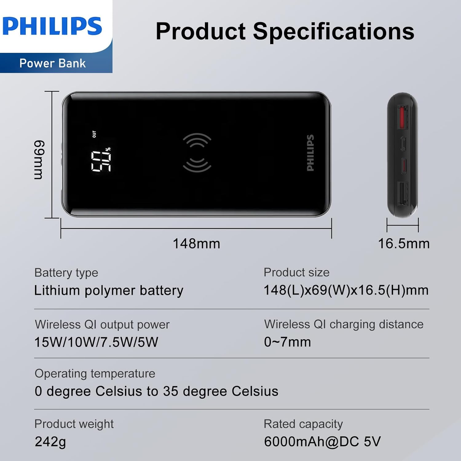 Philips Magnetic Wireless Powerbank 10000Mah Power Bank USB Portable Charger Reliable 5V 2.1A Iphone 17/16/ & 15 Pro/ 16 & 15 &14 Pro Max/13/12 Series (Gloss Matt)