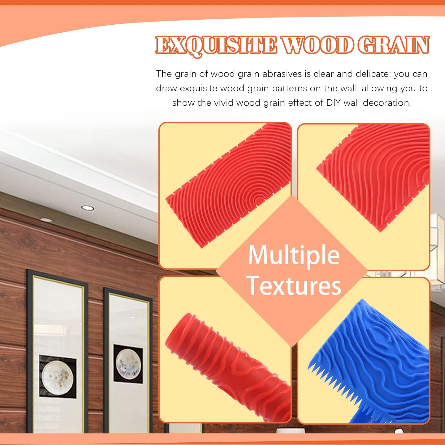 Tanstic 8Pcs Wood Graining Painting Tool Set, Red Black Blue Rubber Wood Grain Tool and Rubber Empaistic Wood Texture Pattern Roller with Handle for Wall Floor Furniture DIY Room Decoration image number 6