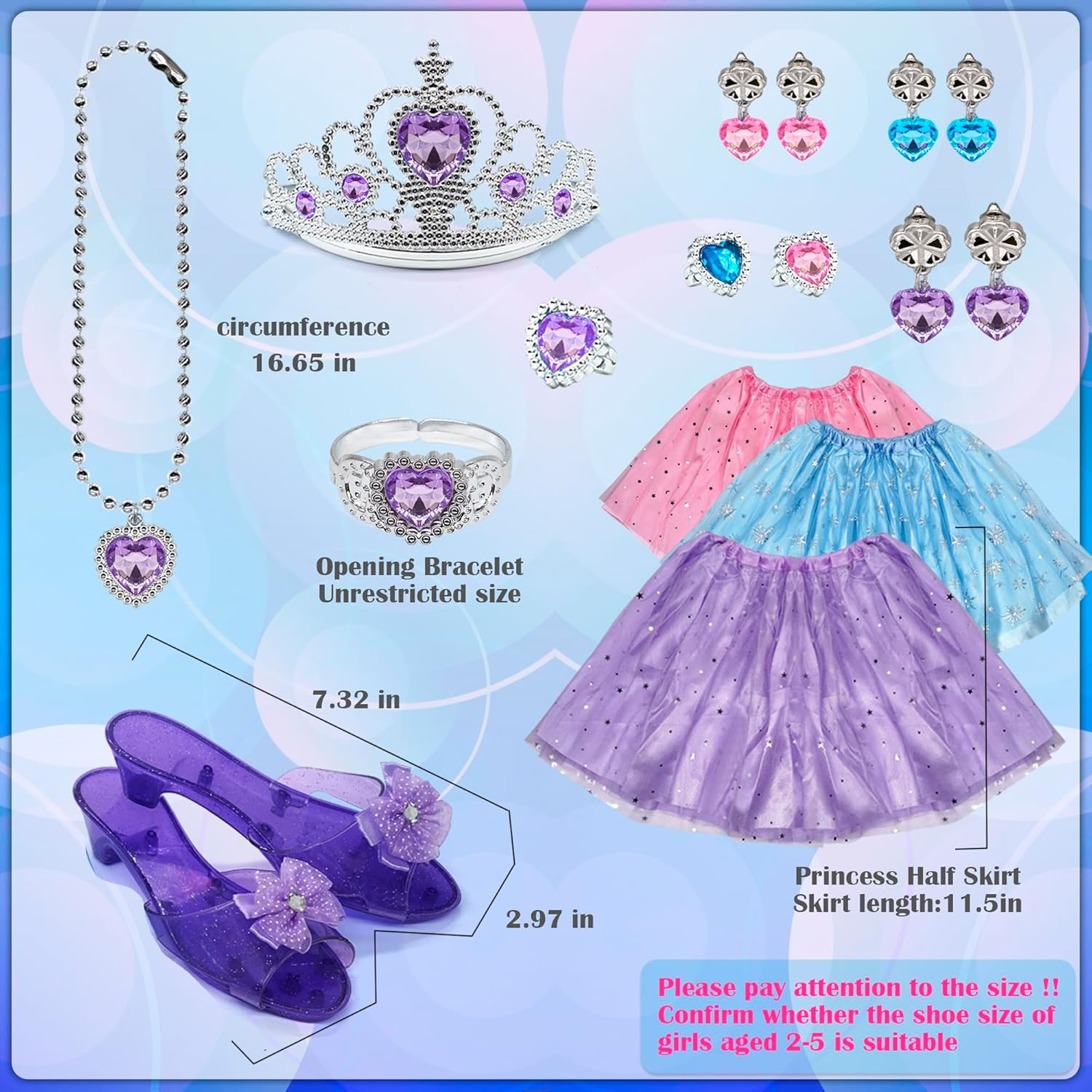 Princess Dress up Shoes Jewelry Set, Toys for Girls Shoes Costumes Set Incl Color Skirts, Shoes, Crowns, Earring, Bracelet, Ring, Kids Christmas Party Role Play Birthday Gifts for 3-6 Year Old Girl image number 3