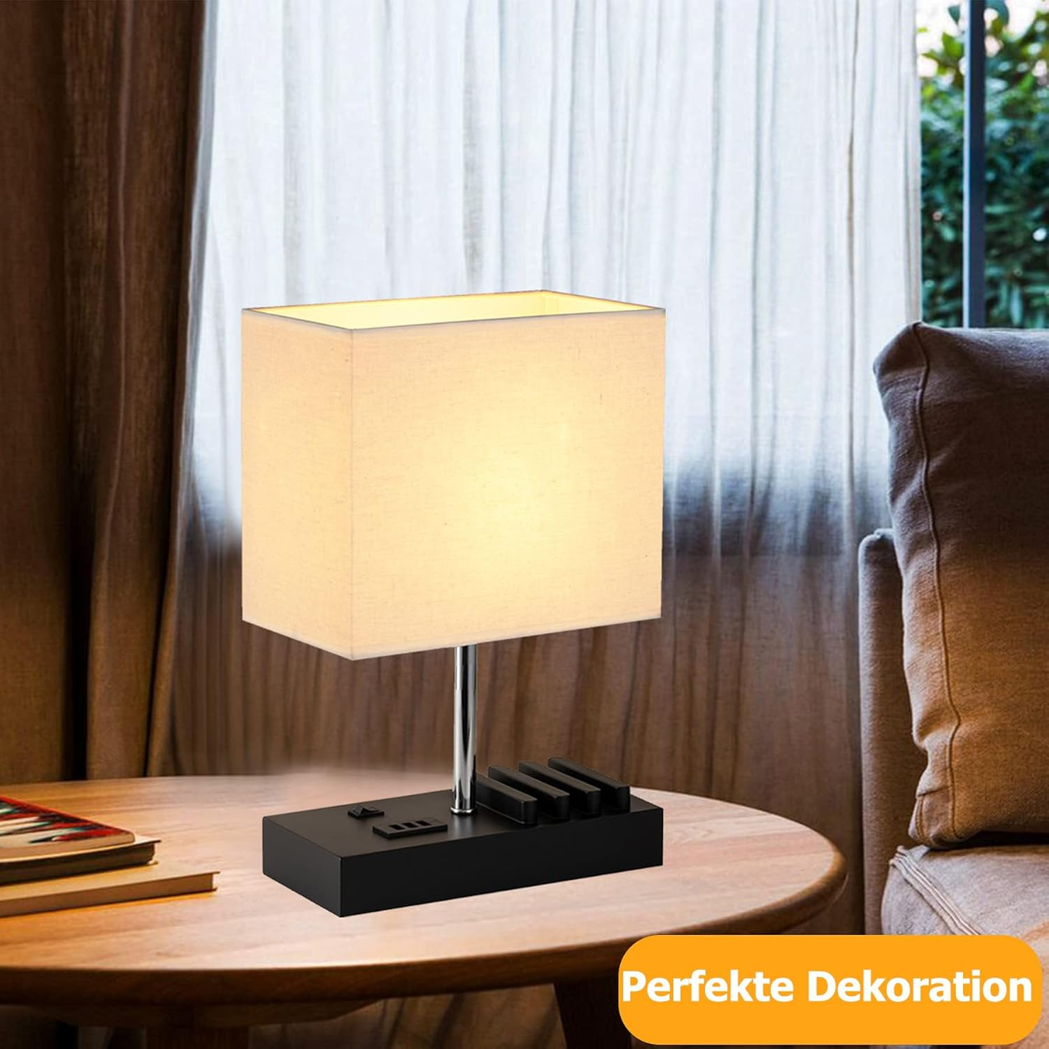 Dreamholder Table Lamp with 3 USB A+C Ports, 3 Phone Stands, Modern USB Bedside Lamp for Bedroom, Living Room, Office, Bedside Lamp with Black Wood Base & Fabric Shade - Black Wooden Base image number 3