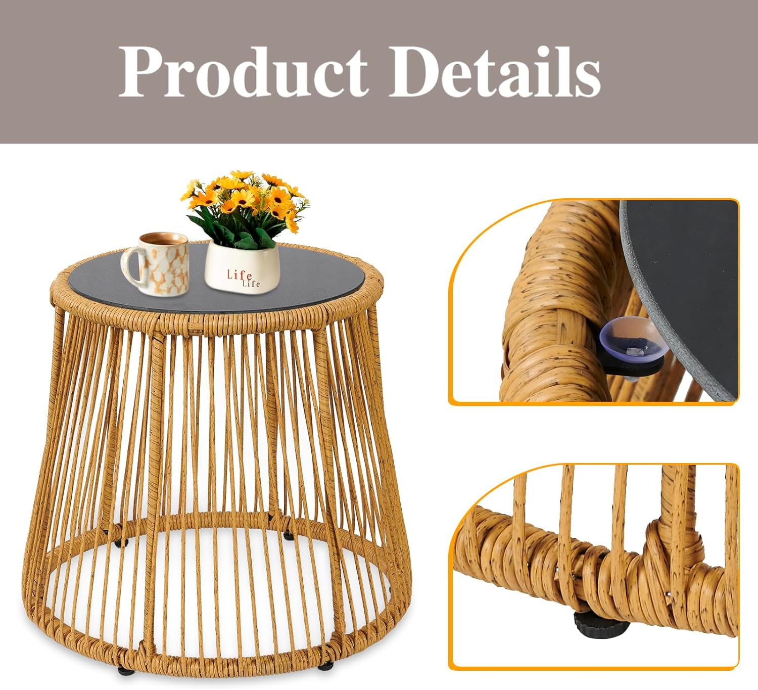 YIYAN 3-Piece Patio Bistro Set with Folding Rattan Chairs and round Table - Small Outdoor Furniture for Balcony image number 3