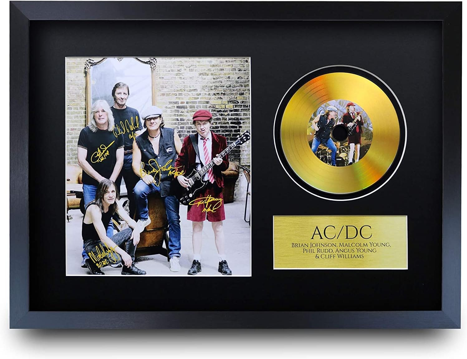 HWC Trading A3 FR ACDC Rock Music Malcolm Angus Young Brian Johnson Gifts Signed Autograph Picture with a Gold Disc Image Print for Music Memorabilia Fans - A3 Framed