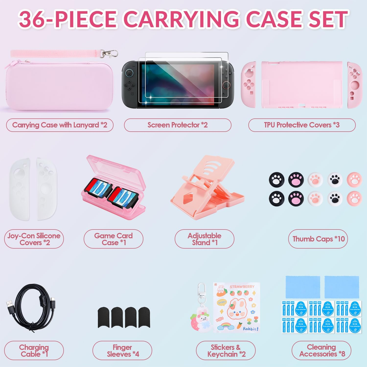 WOTOW Switch 2 Accessories Bundle Kit for Nintendo, Protective Carrying Case with Screen Protectors, Wrist Strap & Console Protective Shells (Pink) image number 1