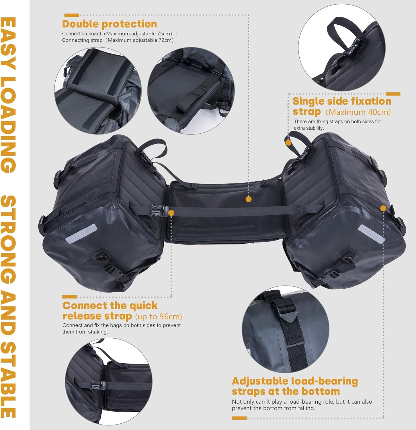 Motorcycle Saddle Bag 70L (35L*2) Motorcycle Equipment Cycling Rear Seat Bag (Black) - Yellow image number 3