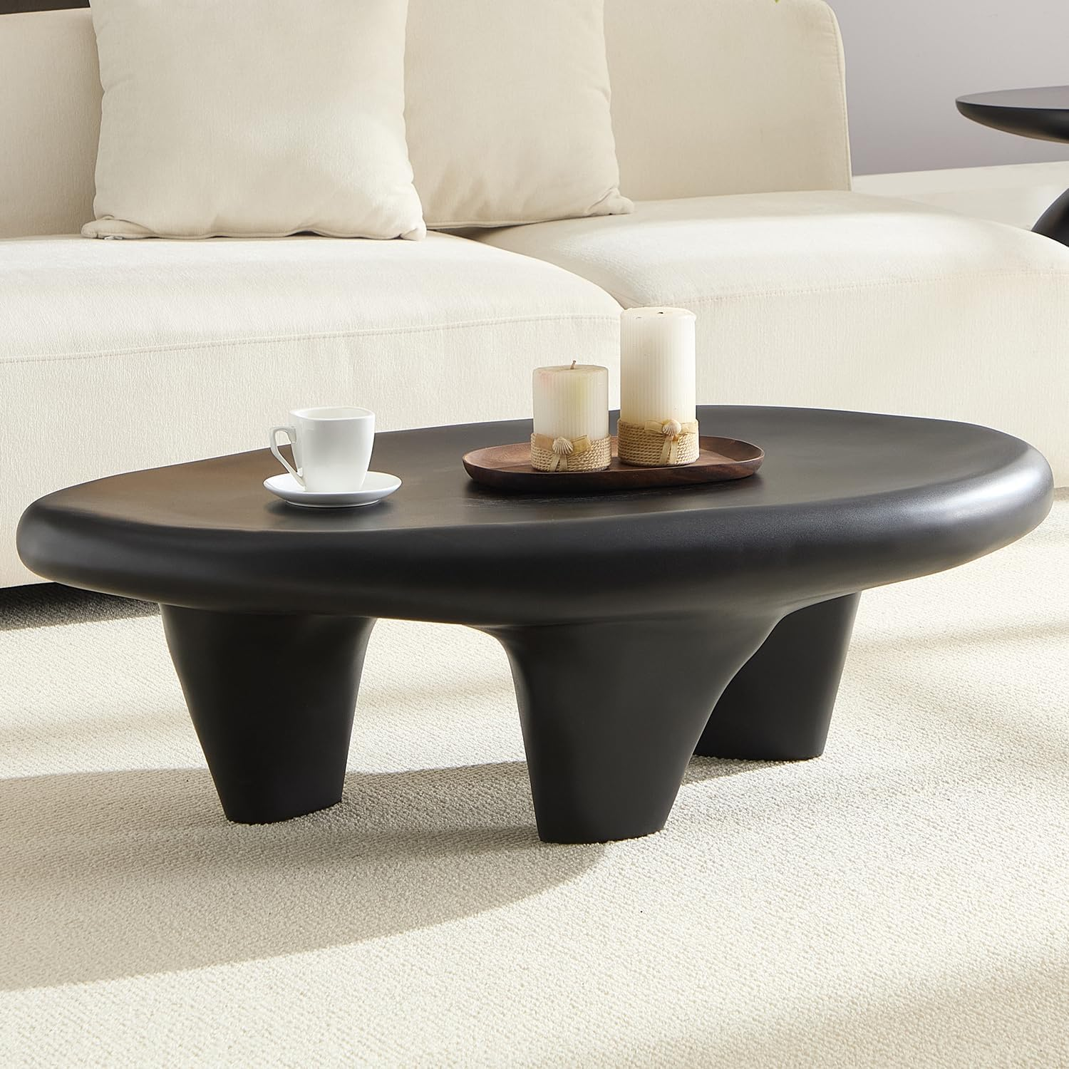 Oval Coffee Table &ndash; Beige Faux Stone Finish, Modern Fiberglass Drum Design, Minimalist Accent Table for Living Room, Bedroom, Apartment or Office, Outdoor, No Assembly Needed