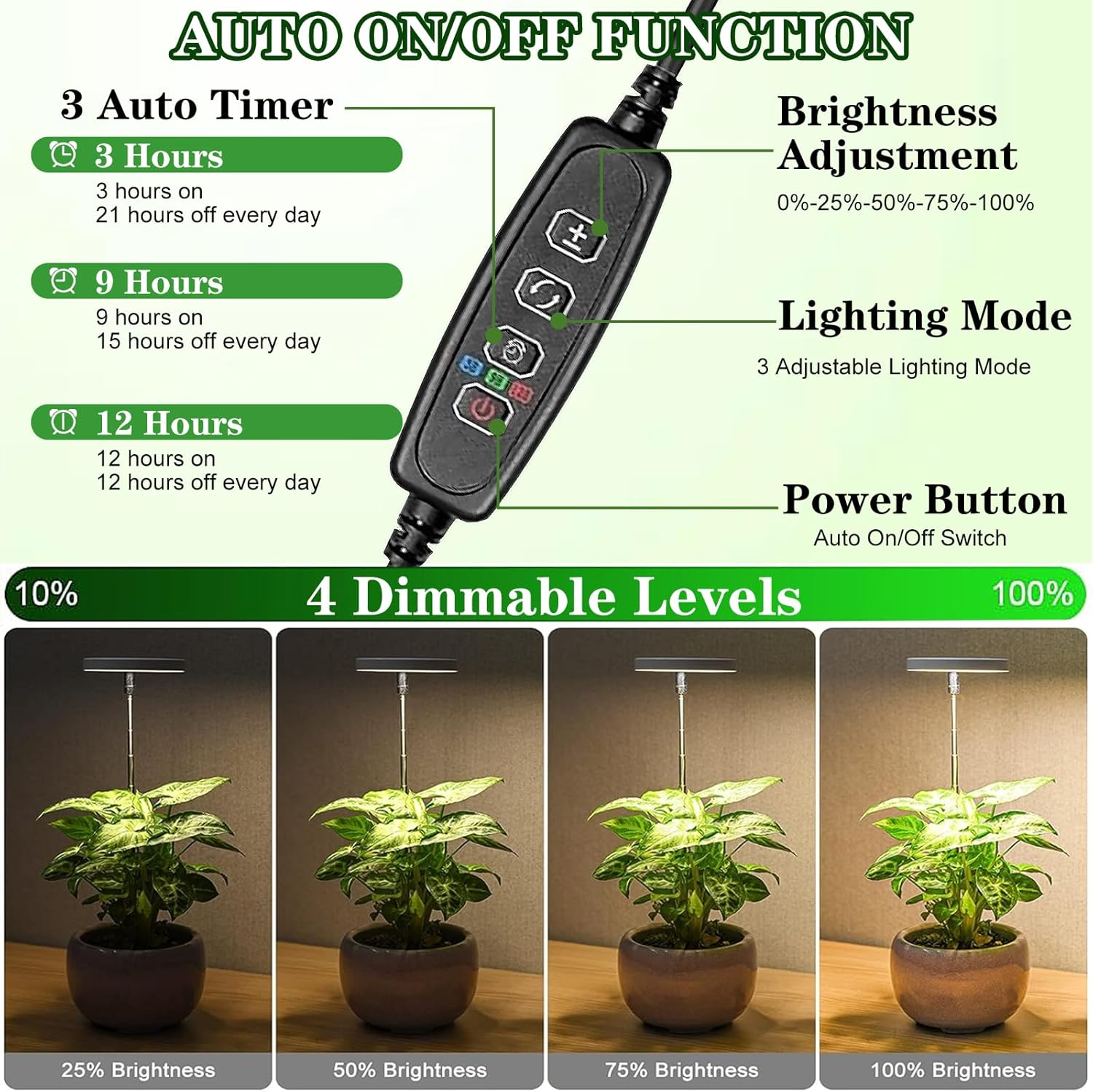 Plant Grow Light 2Pack, LED Growing Lamp Full Spectrum for Indoor Plant, Height Adjustable Plant Light with Auto On/Off Timer 3/9/12H,4 Dimmable Brightness, Ideal for Small Plant (Black) image number 6