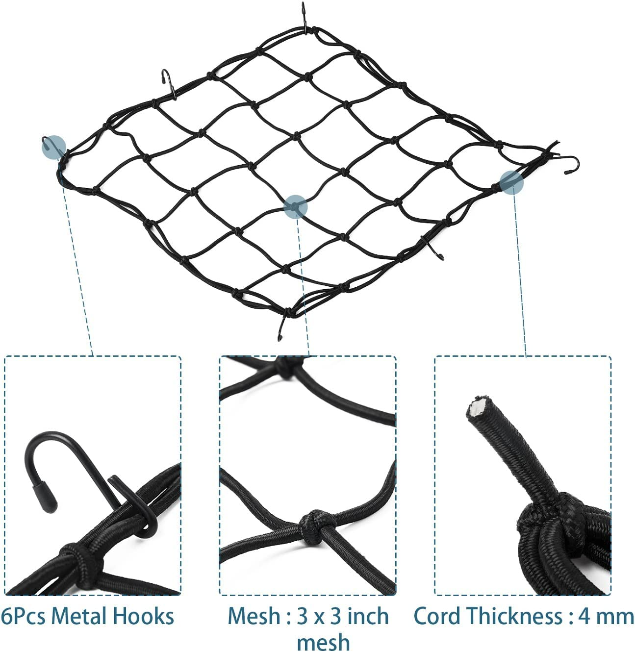 Motorcycle Cargo Net, 2Pack 15.7"X15.7", Heavy Duty Bungee Net Stretches to 31.5"X31.5", Gear Helmet Luggage Thicken Netting with 2"X2" Small Mesh & 6 Adjustable Metal Hooks for Motorcycle, Bike, ATV image number 1