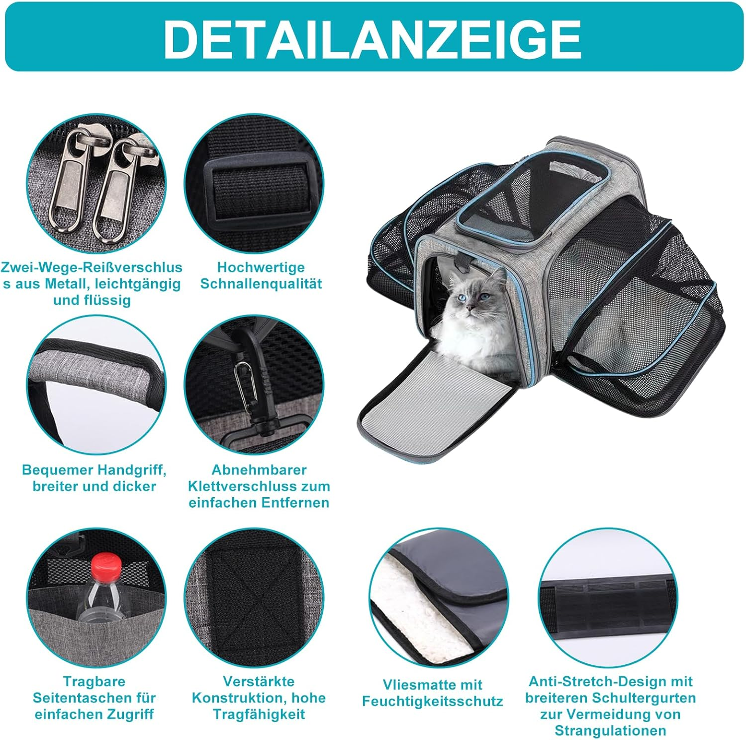 Cat and Dog Transport Bag, Expandable Transport Box, Foldable Carry Bag for Cats, Small Dogs, Cats, Dog Bag, Pet Bag in the Car, Vehicle or Train (Grey + Blue) image number 1