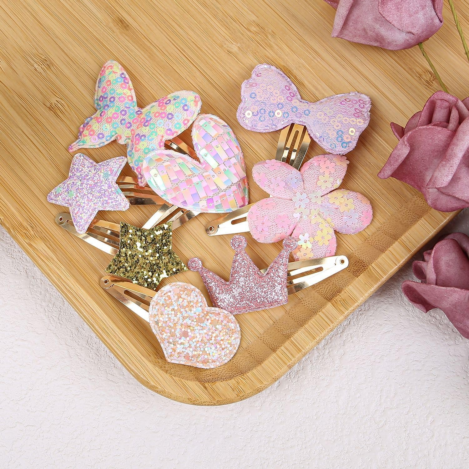 Rylaxzon Hair Clips for Girls - 8 Pairs of Flower, Bow, Star, Crown, Heart, Butterfly Shaped Barrettes and Pins Hair Clip - Metal Snap Hair Accessories for Girl & Baby image number 3