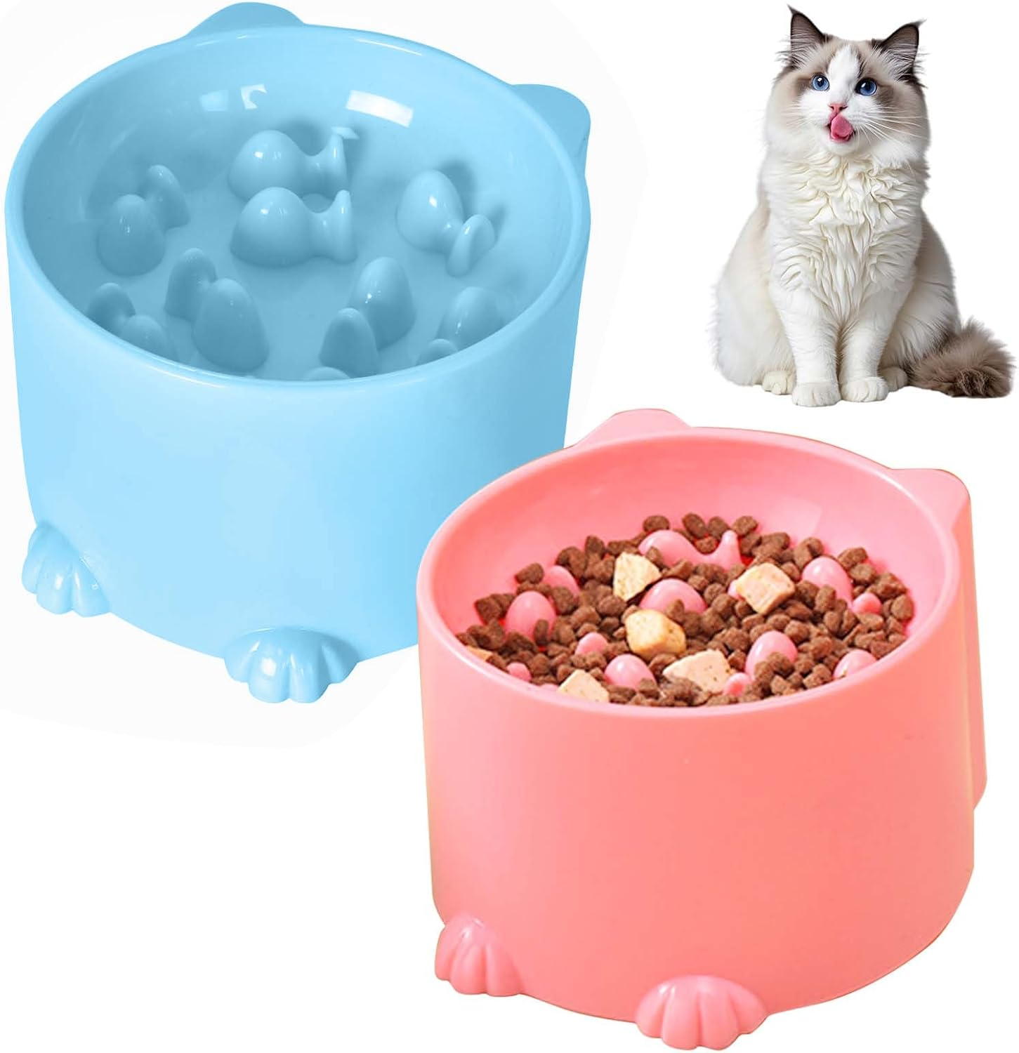 2 Pack Slow Feeder Cat Bowls, Raised Spill Proof Slow Eating Pet Food Dishes for Neck Support, Cat Puzzle Feeder anti Gulping, Suitable for Cats and Small Dogs (Pink, Blue) image number 3