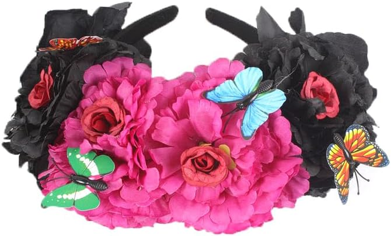 Aoozleny Mexican Flower Crowns Headband, Headpiece for Halloween Festival Party (Red-Black) image number 6