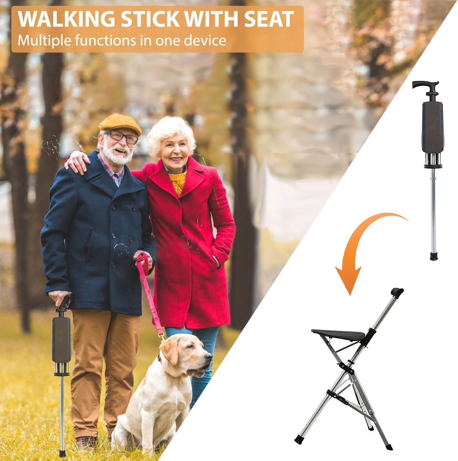 Cane with Seat Folding Walking Stick with Seat, Walking Cane with Chair, Foldable Chair, Crutches Stool for Camping, Hiking, Lightweight, Easy Carry, Anti-Slip (Black) image number 2