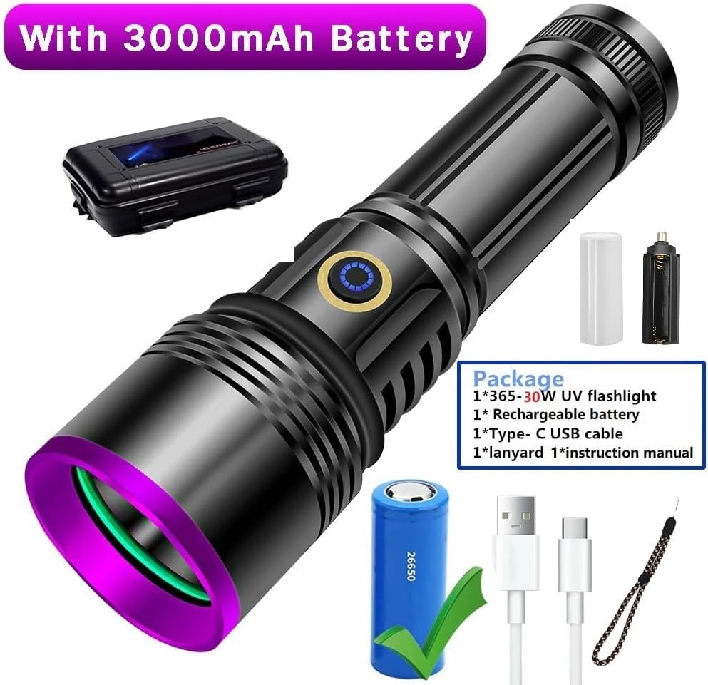 30W 365Nm UV Flashlight USB Rechargeable UV Light High Power Black Light Flashlight for Pet Urine Detection, Resin Curing, Minerals, Blood Tracking, Scorpion, Rockhounding,Yooperlites,A/C Leak Detect image number 1
