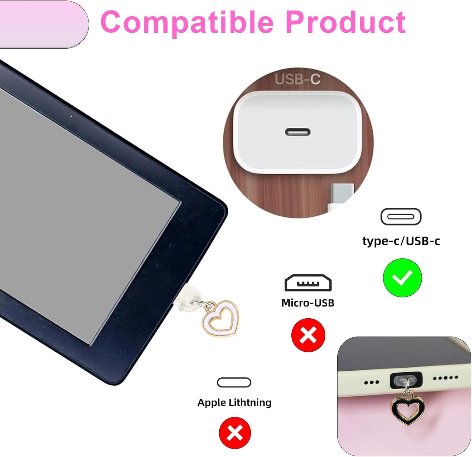 6-Piece Kindle Charms - Heart Designed - Type-C Dust Plug Charms for Kindle (2021-2024) - for Readers, Book Lovers, Teachers, Students, Men & Women - Stylish Accessories (White & Black) image number 1