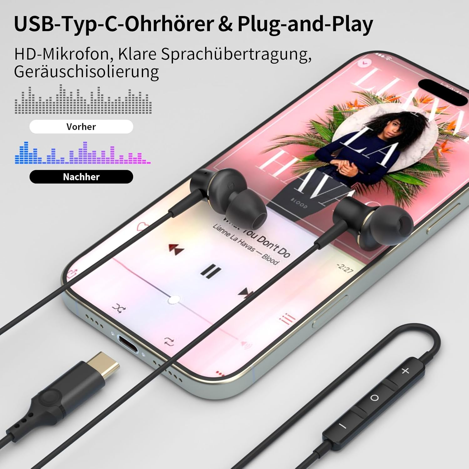 USB C Wired Headphones for Samsung Galaxy S25 S24 Ultra S23 S22 A56 A16 A17, In-Ear Headphones with Microphone and Volume Control Tye C Earphones for Iphone 17 Pro Max 16 15 plus for Oneplus Black image number 1