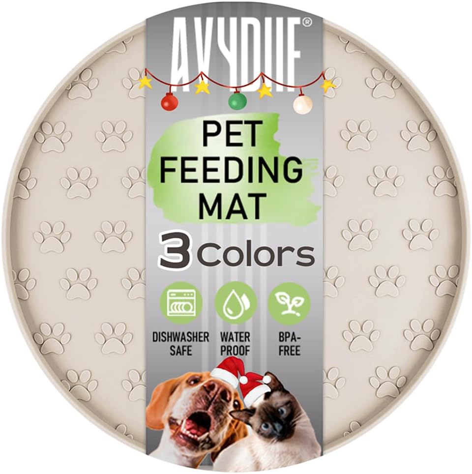 AVYDIIF Pet Feeding Mat, Waterproof Anti-Slip Placemats for Dog Cat Bowl Silicone Pet Food Mat, Raised Edge Prevent Spills on Floor & Carpet, Dishwasher Safe (1 Beige, 28 X 28 Cm)