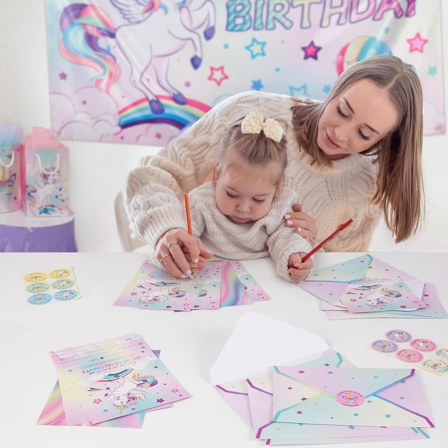 WERNNSAI 24PCS Unicorn Birthday Invitation - Rainbow Unicorn Party Supplies Fill-In Linvitations with Envelopes for Girls Birthday Baby Shower Double-Sided Printed Invite Cards image number 3