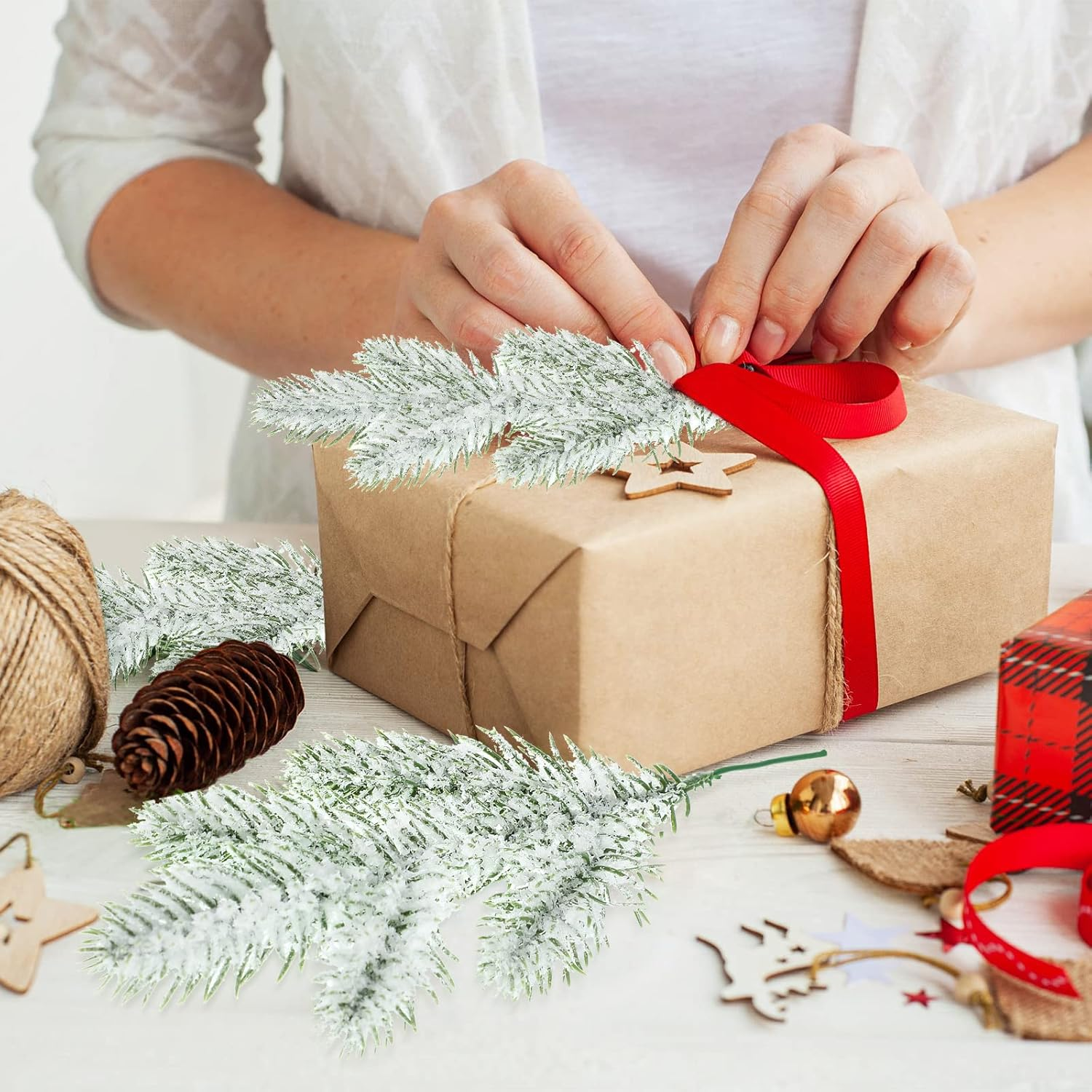 Jutom 30 Pcs Christmas Tree Picks Snow Frosted Pine Branches Christmas Artificial Pine Branches Faux Greenery Stems for DIY Garland Crafts Winter Tree Decorations image number 4